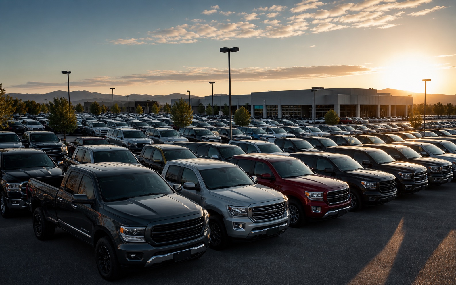 A large used-vehicle inventory lot at sunset