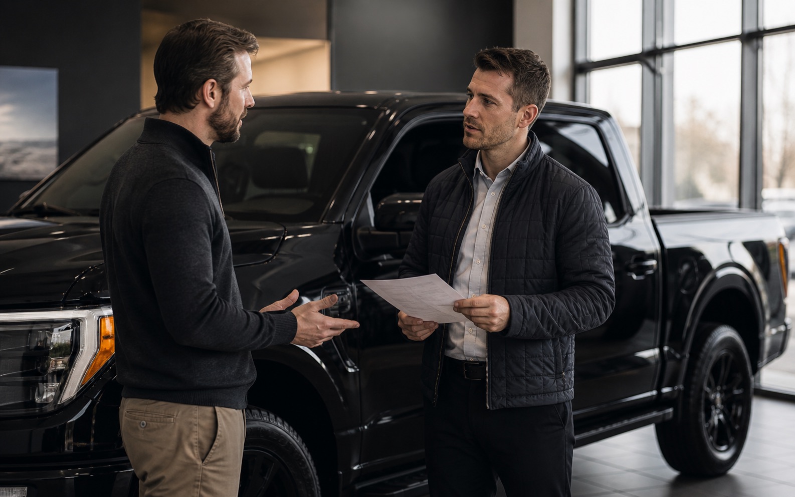 Two people discussing a car purchase beside a pickup truck
