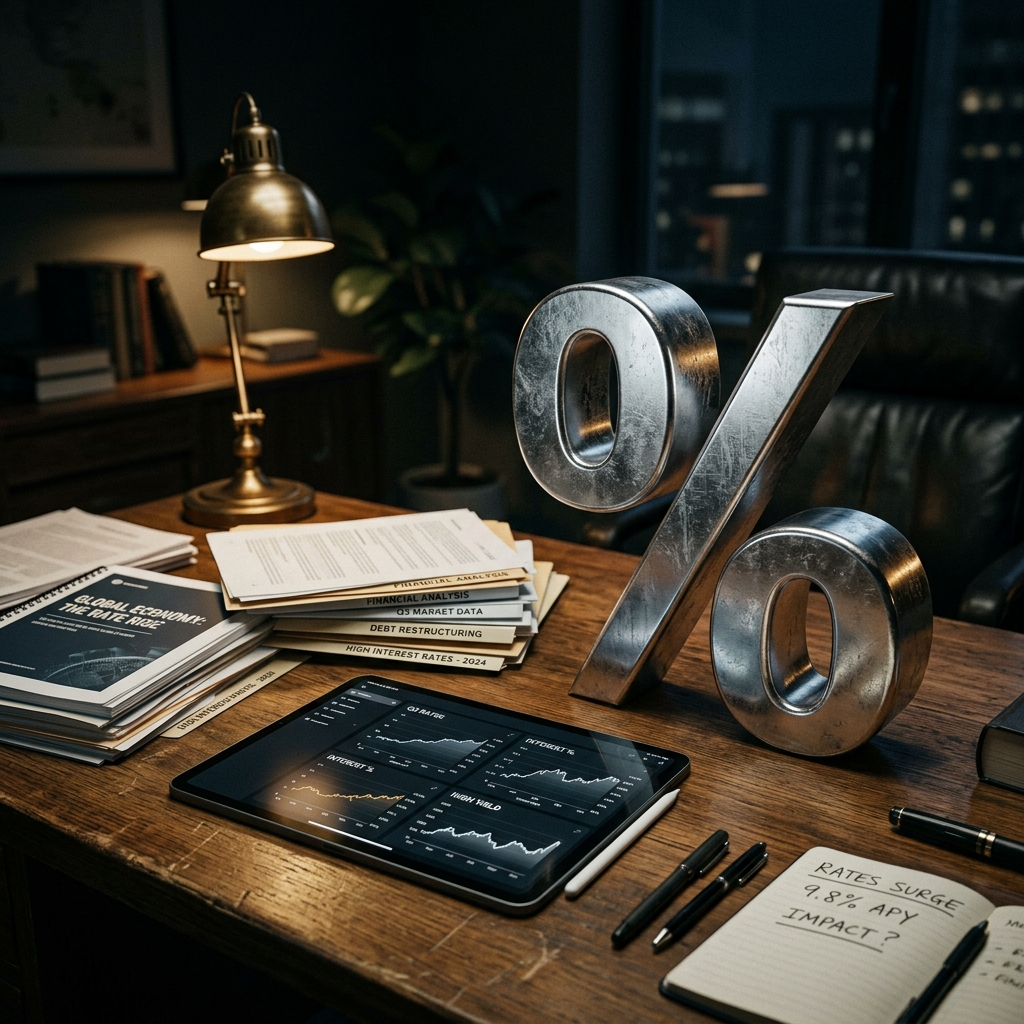 A desk with financial documents, a tablet showing rate charts, and a large percent symbol