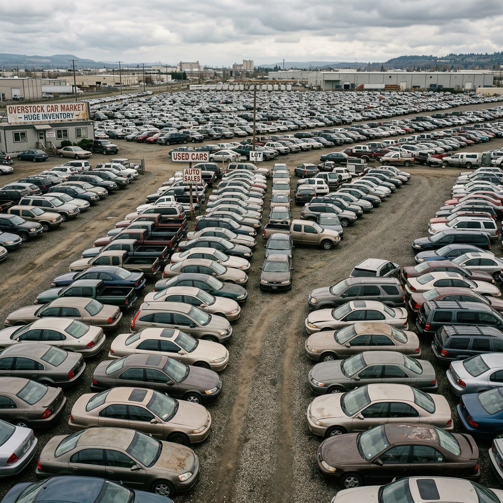 Rows of used vehicles parked on a large dealer lot